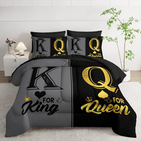 King and Queen Crown Comforter Set Black and Gray Couple Bedding Set，7Pcs Mr Mrs Comforter Set for Adults Couple Men