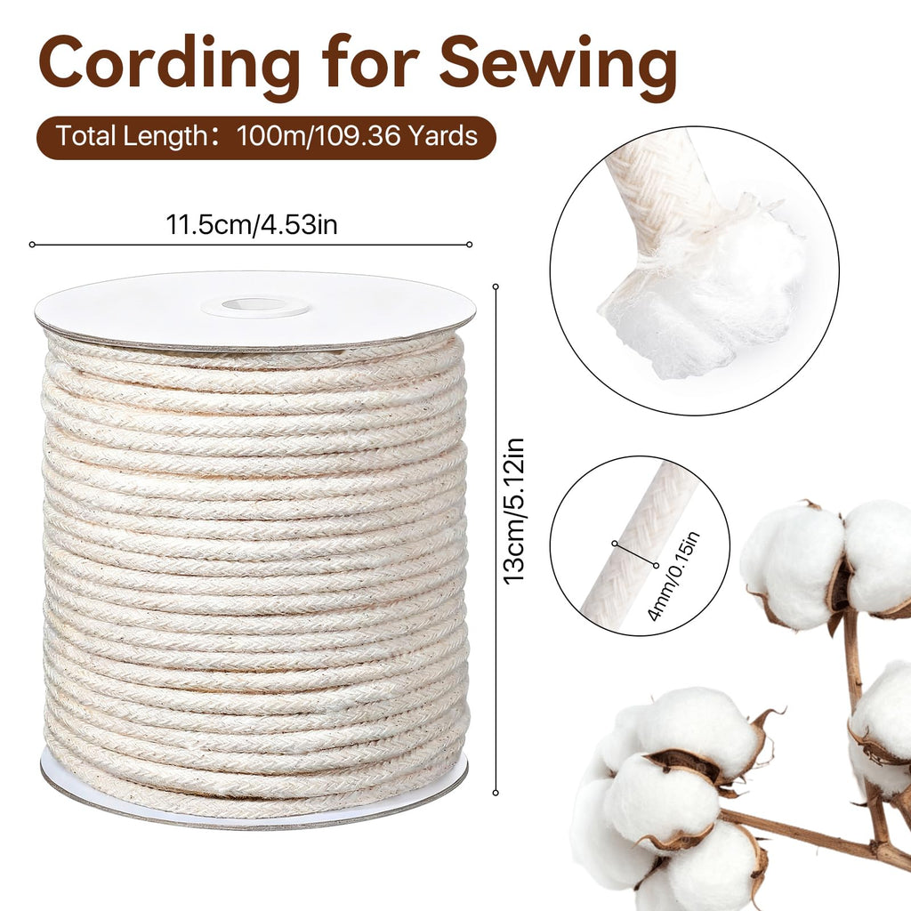 M (5/32") Piping Cord for Sewing, 109 Yards Soft Cotton Welt Cord, Beige Braided Cording for Sewing Pillows - 4m