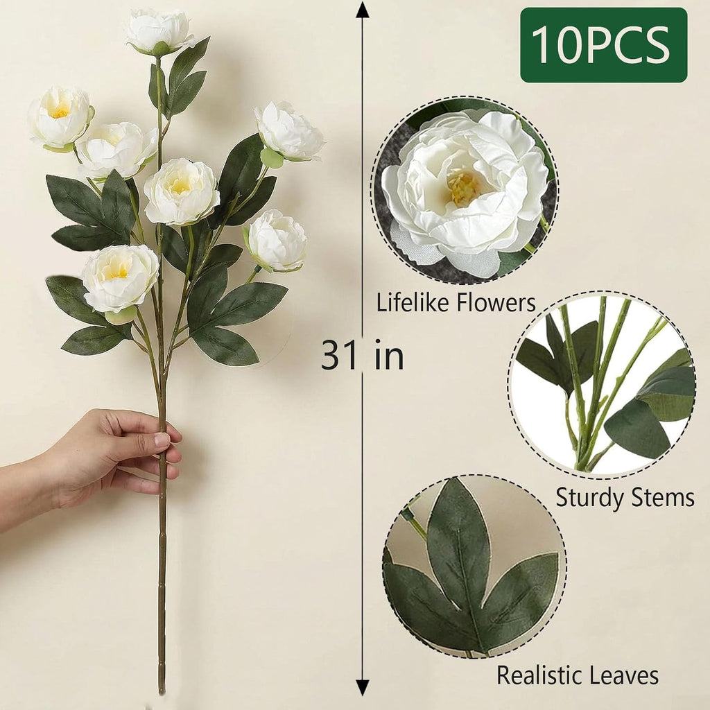 Artificial Peony Flowers, White Faux Peony Stems Bulk, Realistic Fake Flowers for Vase, Tall Floor Vase Decor - Set of 10