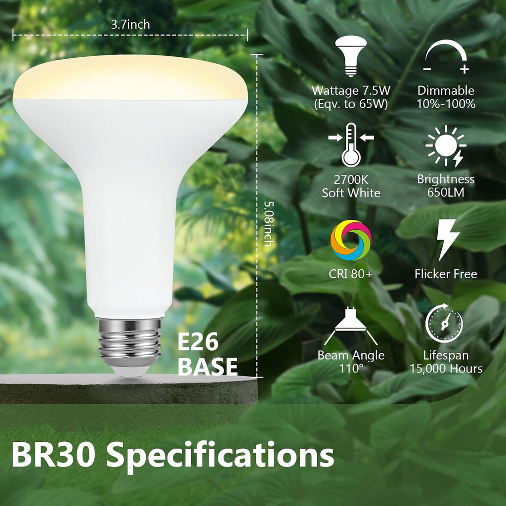 BR30 Indoor LED Flood Bulbs for Recessed Cans, 7.5W (65W Replacement), 650LM, Soft White 2700K, Smooth Dimming, CRI