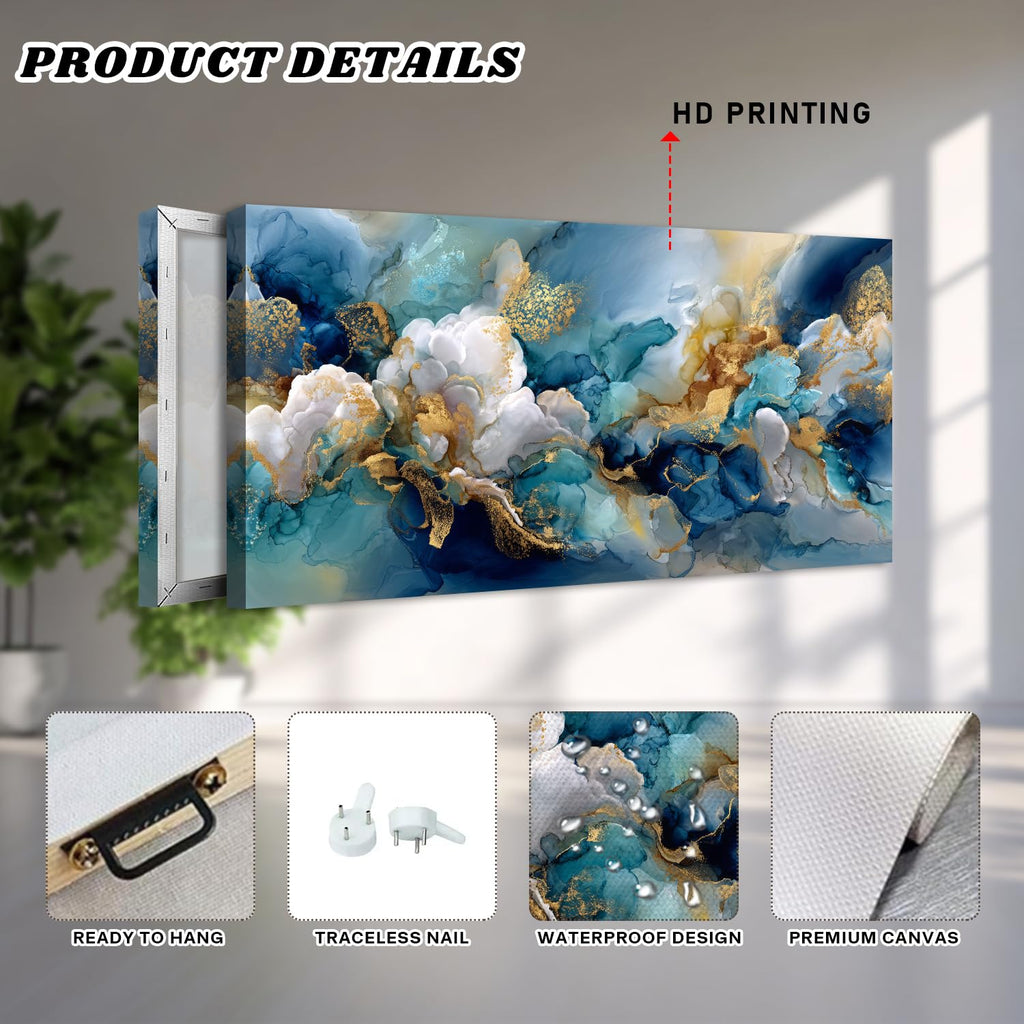 Teal Wall Art Turquoise Abstract Wall Decor Blue and Gold Canvas Pictures Modern Marble Ink Textured Painting Poster