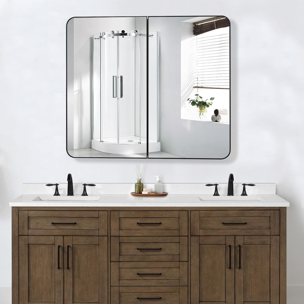 Bathroom Medicine Cabinet with 30"x26" Black Stainless Steel Framed Mirror,Recessed or Surface Mounted Bathroom