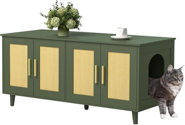 Boho Cat Litter Box Enclosure for 2 Cats, Green and Natural