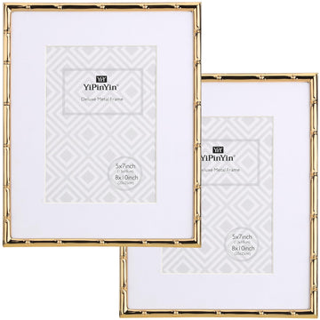 8x10'' Bamboo Detail Gold Metal Picture Frame with Acid Free Mat for 5x7'' Set of 2, Narrow Gold Plated Photo Frames 5