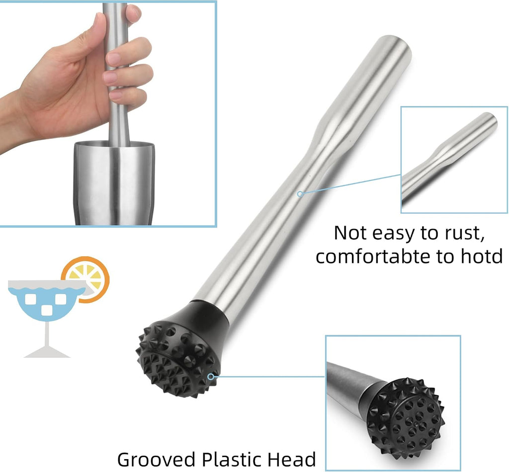 Muddler for Cocktails Stainless Steel, Muddlers Pestle with Stirring Spoon, Bartender Cocktail Shaker Bar Tool Set - Set of 2