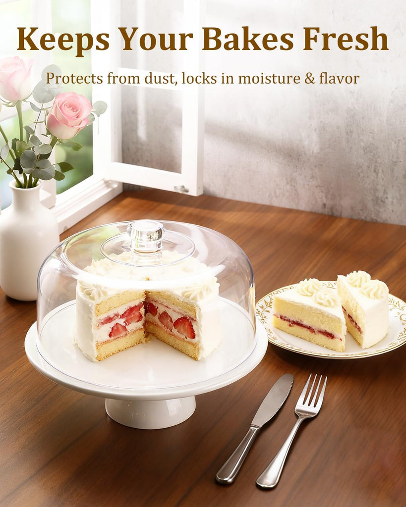 12 Inch Porcelain Cake Stand with Acrylic Dome Lid, White Pedestal