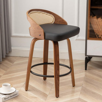 30" Swivel Rattan Bar Stools, Mid-Century Modern Faux Leather Upholstered Bar Height Stools Kitchen Island Barstool