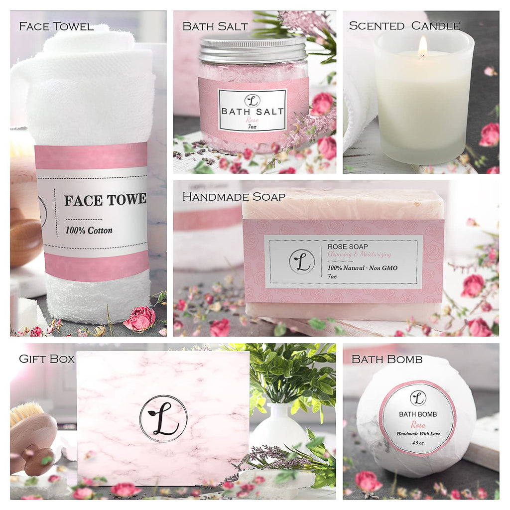 Spa Gift Set 100% Natural, Gift Box Includes: Bath Bomb, Bath Salt, Hand Soap, Scented Candle, Face Cloth and Gift