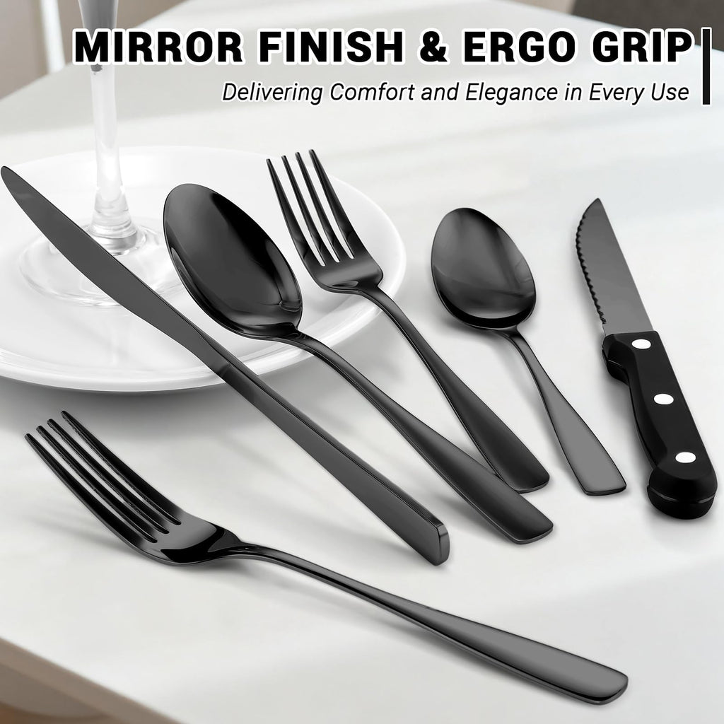72-Pieces Black Silverware Set for 12 - Stainless Steel Flatware Set with Mirror Polish, Black Silverware Set