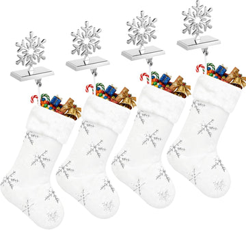 8 Pcs Christmas Stockings with Holder Set Includes 4 Faux Fur Stocking Ornaments 4 Mantle Snowflake Stocking Hangers
