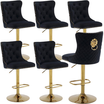 Gold Bar Stools Set of 6, Modern Adjustable Swivel Counter Stools with Lion Pull Ring, Velvet Tufted Barstools
