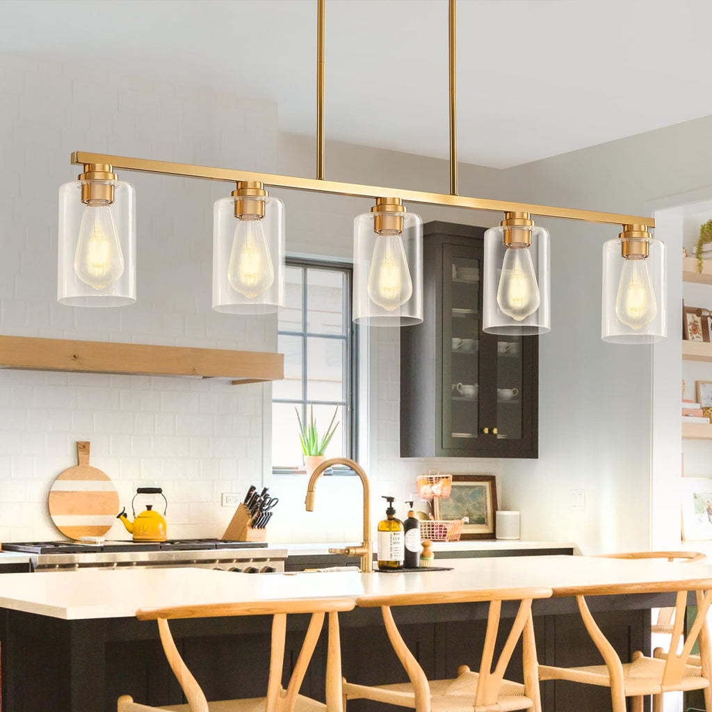 Island Light, Brushed Gold Dining Room Light Fixture Over Table, 5-Light Linear Chandelier Pendant Lighting