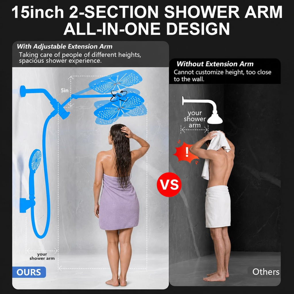 High Pressure Rain Shower Head with Handheld, 11.8-Inch Large Rainfall Shower Head Combo with 3-Way Diverter, 15-Inch