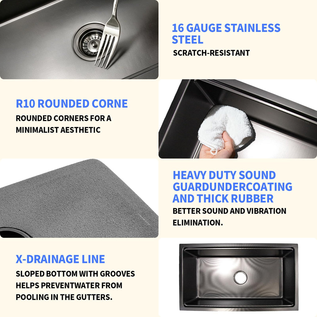 Black Undermount Kitchen Sink, 32 Inch Single Bowl Workstation Stainless Steel Sink, 81.3×45.7cm Black Kitchen Basin