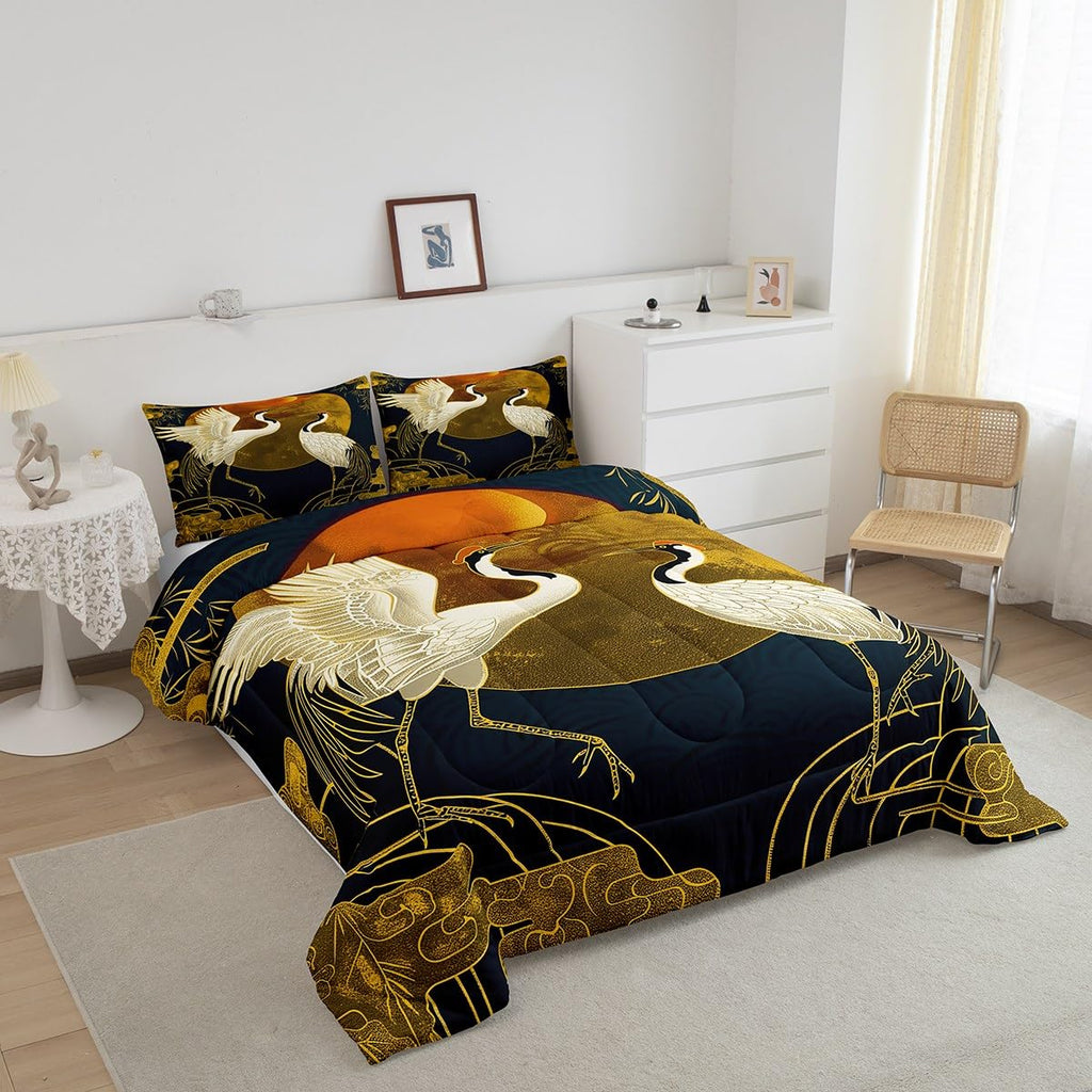 Japanese Crane Comforter Set Full Size, Gold Sun Cloud Stripes Bedding Sets 3Pcs, Retro Ukiyoe Bamboo Leaf Print Quilt