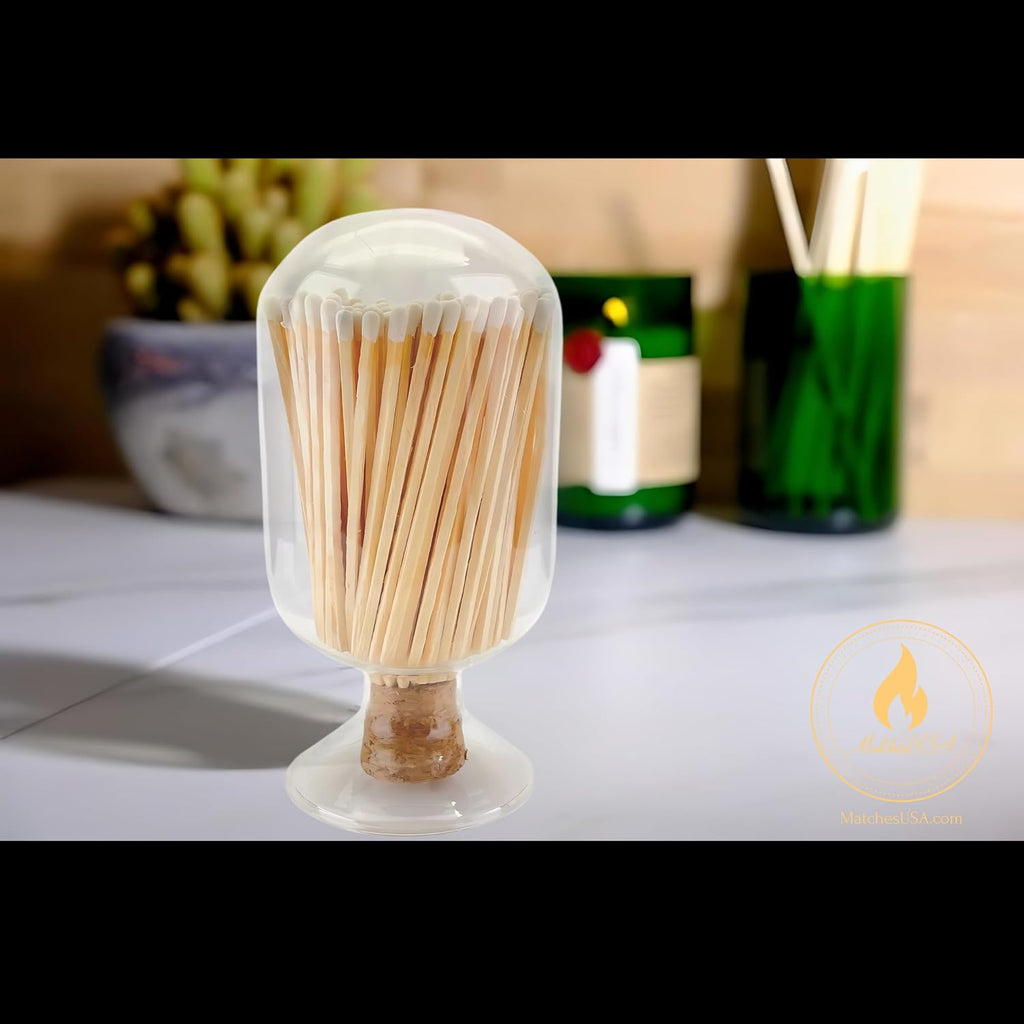 Includes Matches | Decorative Glass Matches Cloche | Bottle Jar Fireplace Candle Match Holder Gift Set