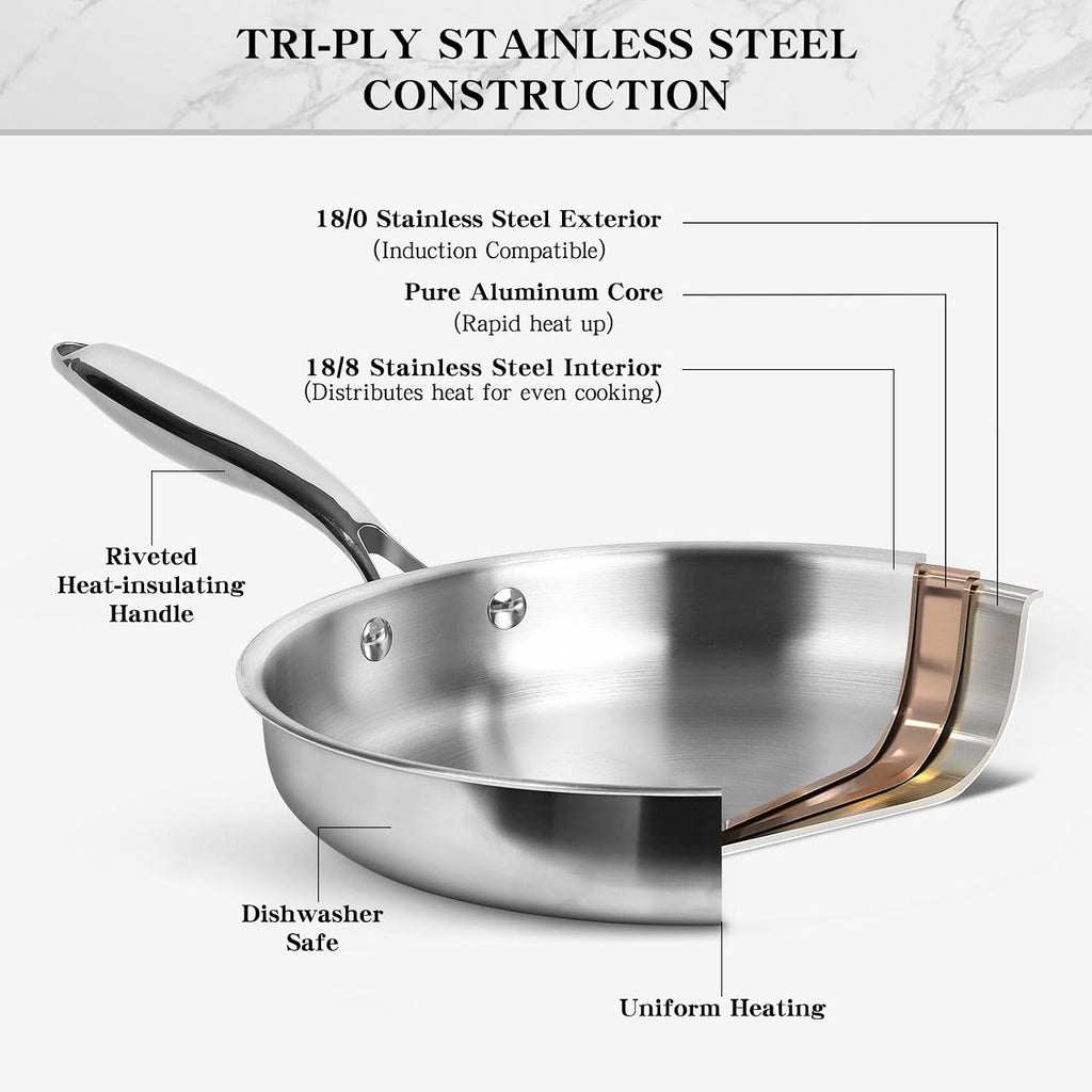 Stainless Steel Cookware Set, 3 Ply 17 Piece Stainless Steel Pot and Pan Set, Oven Dishwasher Safe | Induction