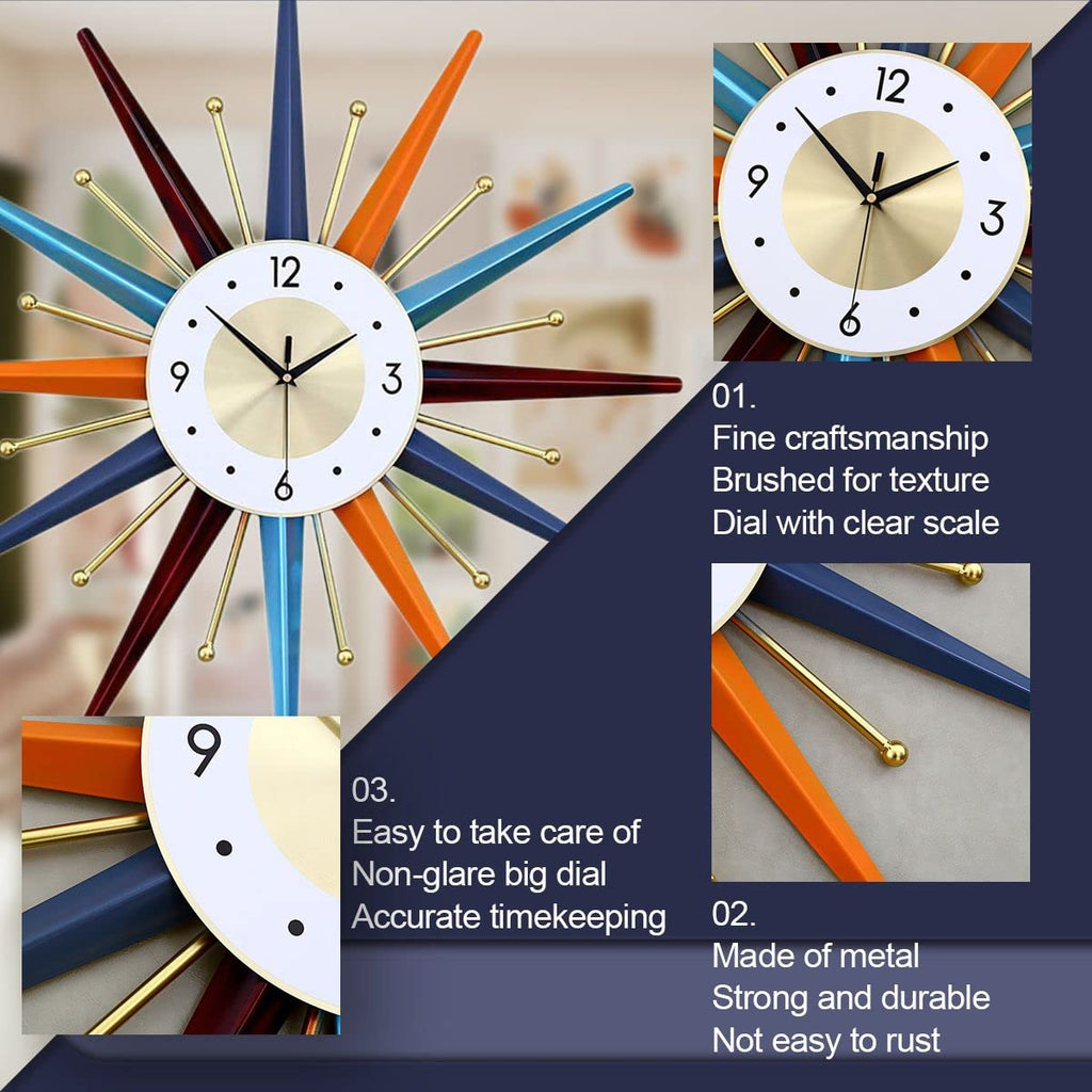 Large Wall Clock 27.5 Inch Mid Century Wall Clocks Starburst Clock Non Ticking Battery Operated 3D Wall Clocks Home