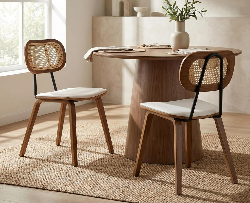 Modern Dining Chairs Set of 4, Upholstered Faux Leather Dining Room Chairs with Rattan Backrest and Wood Legs