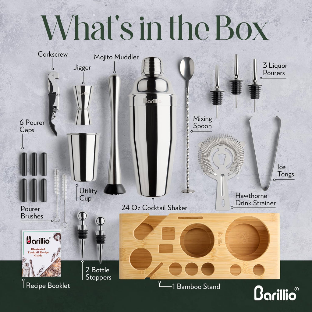 Bartender Kit - Stainless-Steel Cocktail Shaker Set w/Bamboo Stand - Mixology Bar Tools w/Drink Shaker, Mixer Spoon & - Set of 23