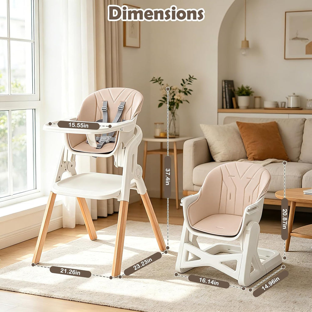 Foldable Baby High Chair, 4-in-1 Convertible Wooden Baby Highchairs (Beige) | Easel & Stool, Feeding Chair for Babies