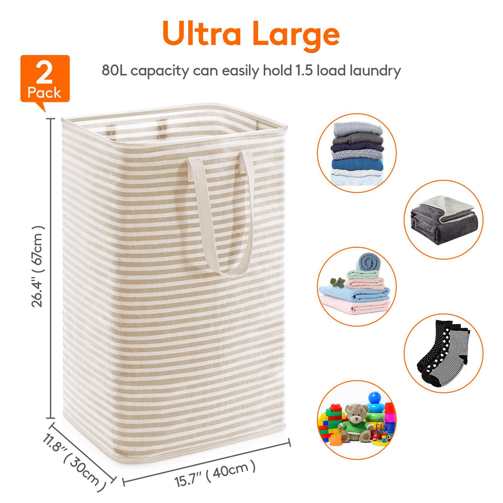 80L Large Laundry Baskets, Laundry Hampers Bags, 2 Pack, Beige
