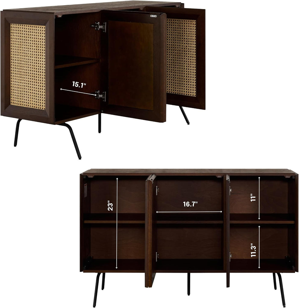 Modern Sideboard with 3 Doors, Natural Rattan Storage Cabinet, Buffet with Metal Legs, Boho Accent Cabinet , and