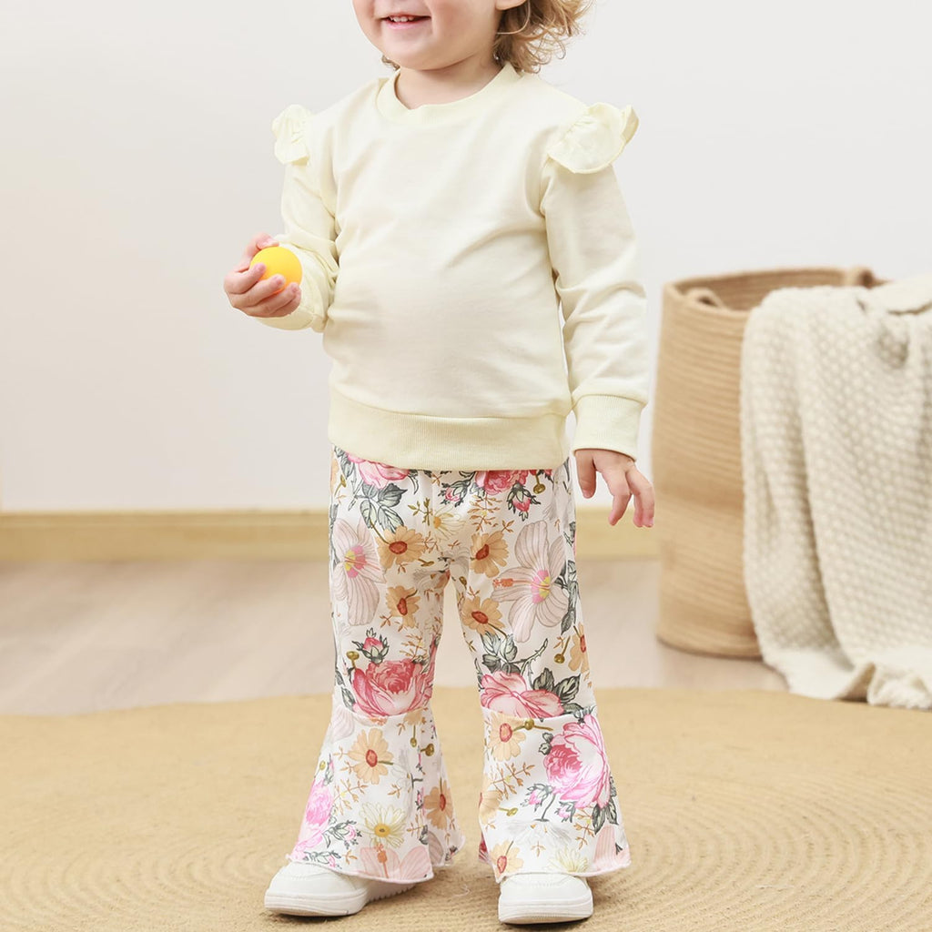 Toddler Baby Girl Fall Winter Clothes Ruffle Sleeve Sweatshirt Tops Floral Bell Bottom Pant Outfits