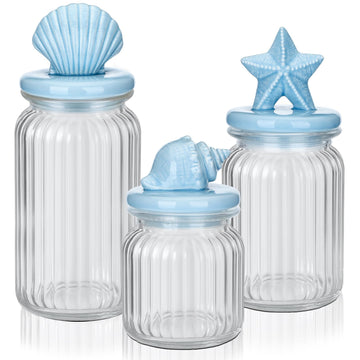 3 Set Beach Candy Glass Jars with Ceramic Lid 44oz 33oz 22oz Coastal Cookie Jar Airtight Glass Food Storage Container