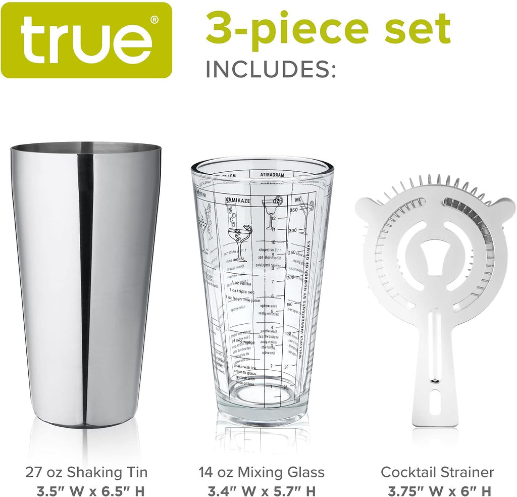 3-Piece Barware Set for Mixed Drinks and Cold Brew Cocktails, Includes Cocktail Shaker Tin, Cocktail Mixing Glass - Set of 3