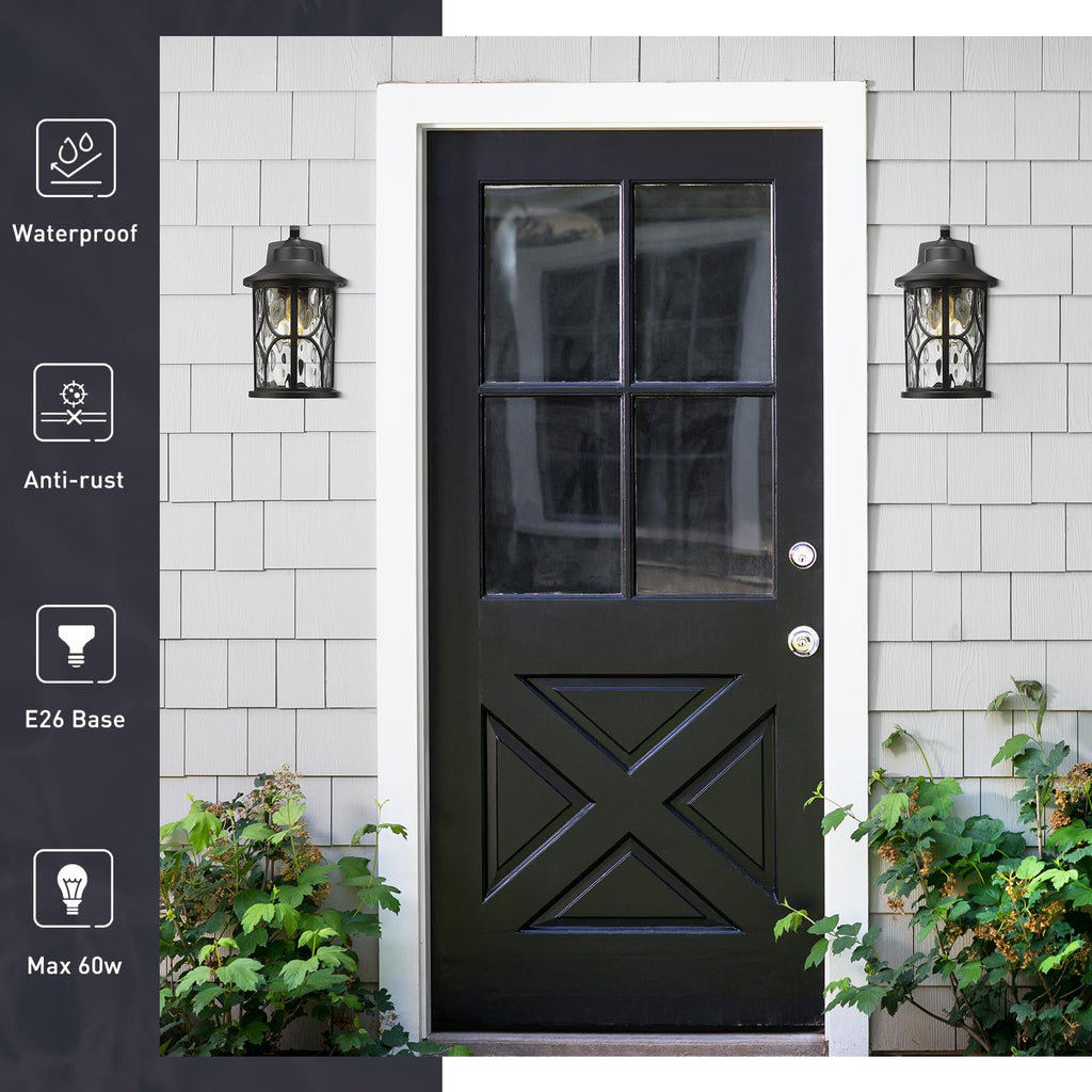 14.6 Inch Outdoor Porch Light, Farmhouse 1-Light Outdoor Wall Sconce, Die-Cast Aluminum in Black Finish, Clear Water