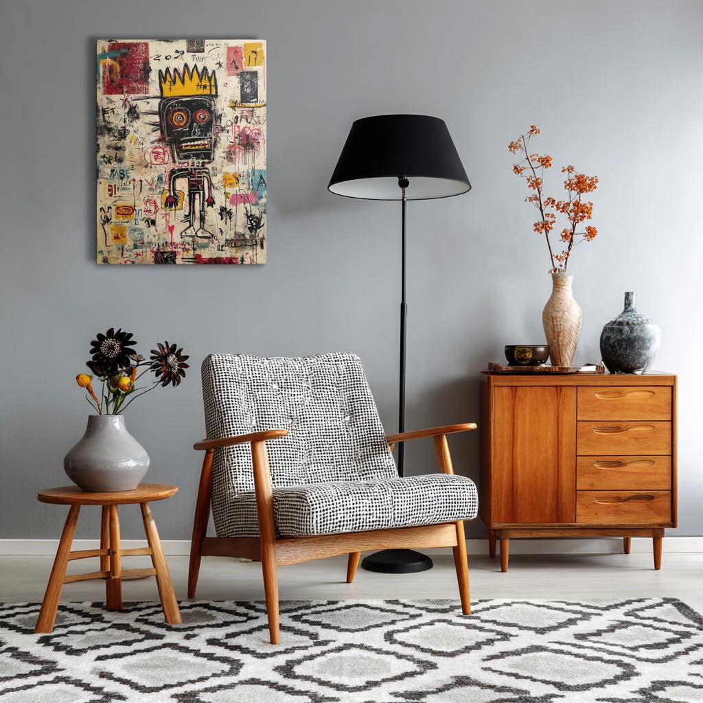 Contemporary Street Art Canvas Wall Art, Urban Graffiti Crown Figure Print, Abstract Modern Gallery Wrapped Artwork