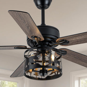 52" Farmhouse Ceiling Fan with Light and Remote, Rustic Caged Fandelier