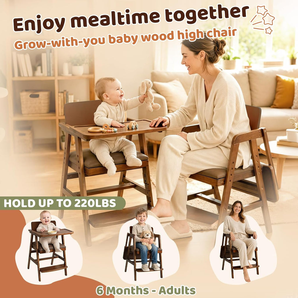 3-in-1 Wooden High Chair with Steps & Adjustable Tray for Baby Toddler | Ergonomic Design, Built-in Foot Steps, Easy