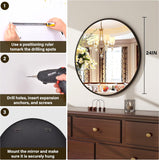 24 Inch Round Mirror - Circle Mirrors Wall Decor, Modern Hanging Vanity Mirror, Matte Black Circle Decorative Wall