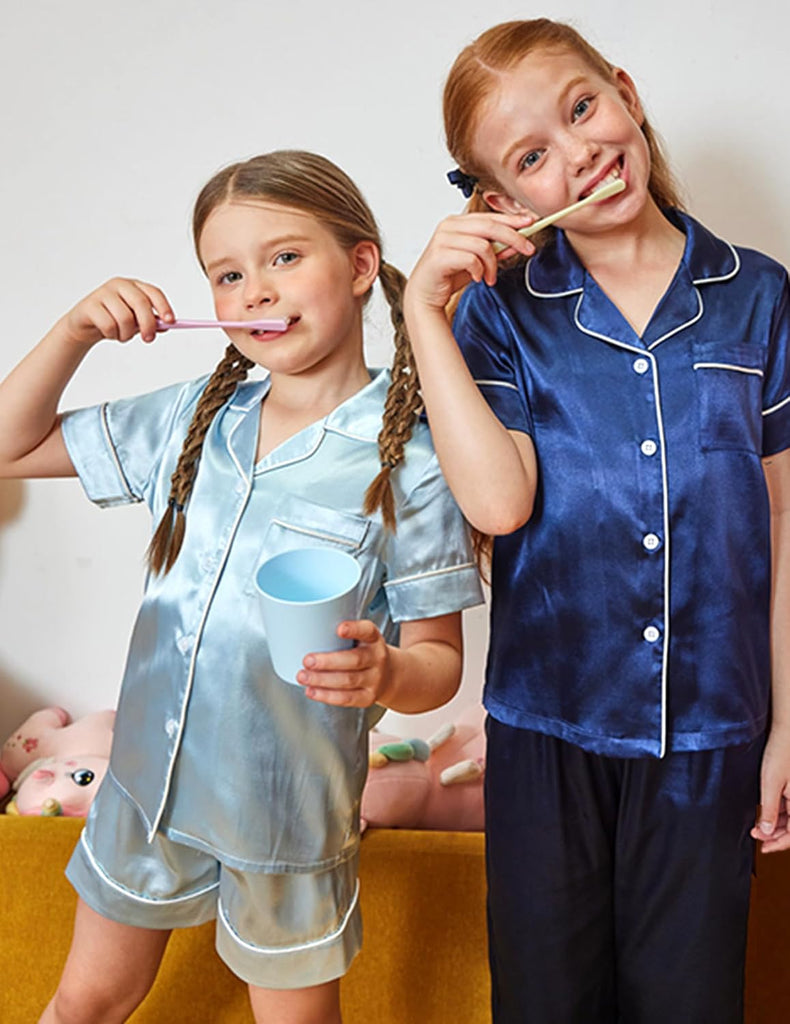 Girls Pajamas Silky Pajama Sleepwear Button Down Kids Pj Sets