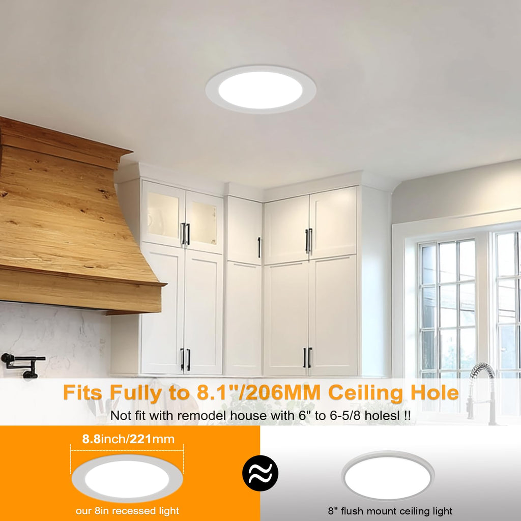 6 Pack 8 Inch LED Recessed Lighting with Junction Box Ultra-Thin, 3000K/4500K/6000K Selectable, 8" Dimmable Canless