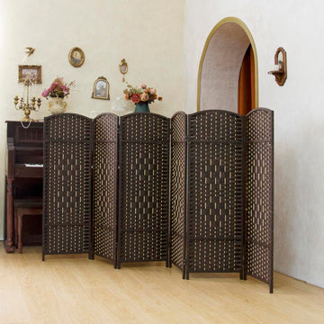Compact 6 Panel Short Room Divider, 47.2 Inch Tall Double-Sided Rattan Folding Privacy Screen, Dark Brown