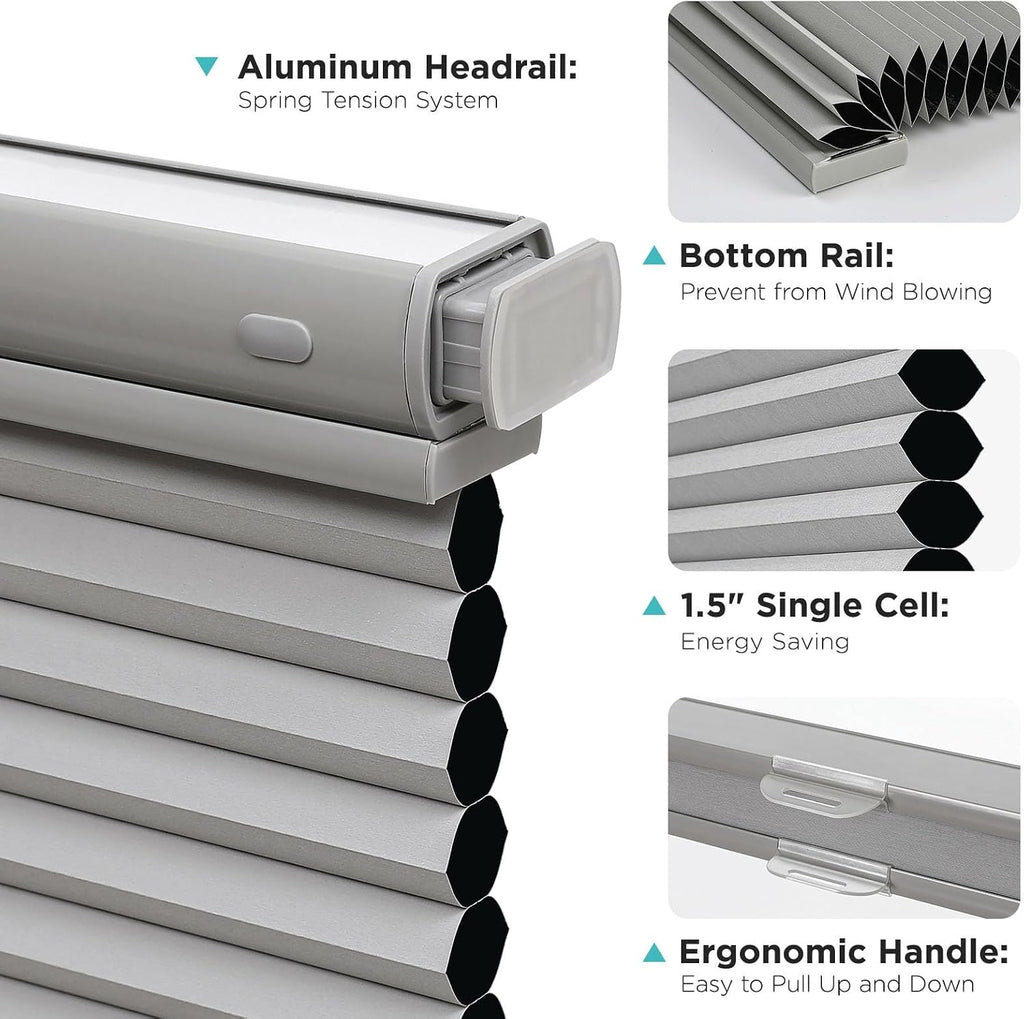 No Tools No Drill Blinds for Indoor Windows, Cordless Window Blinds Cellular Shades Top Down Bottom Up Blackout