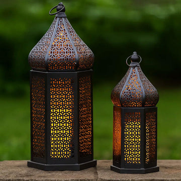Decorative Indoor Black Moroccan Temple Lanterns, Set of 2