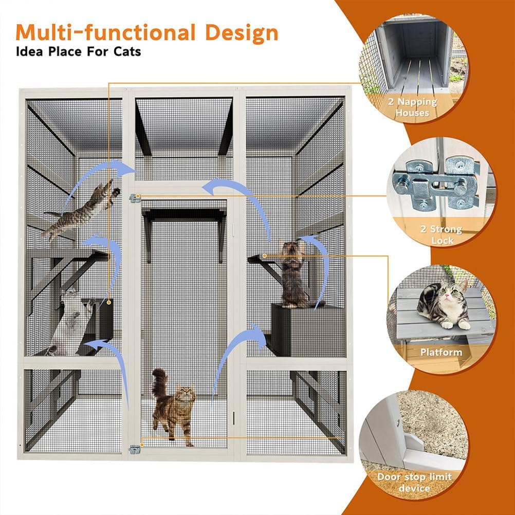 70 Inch Catio Outdoor Cat Enclosure, Large Wooden Cat House with 5 Platforms and 2 Napping Houses, Waterproof UV