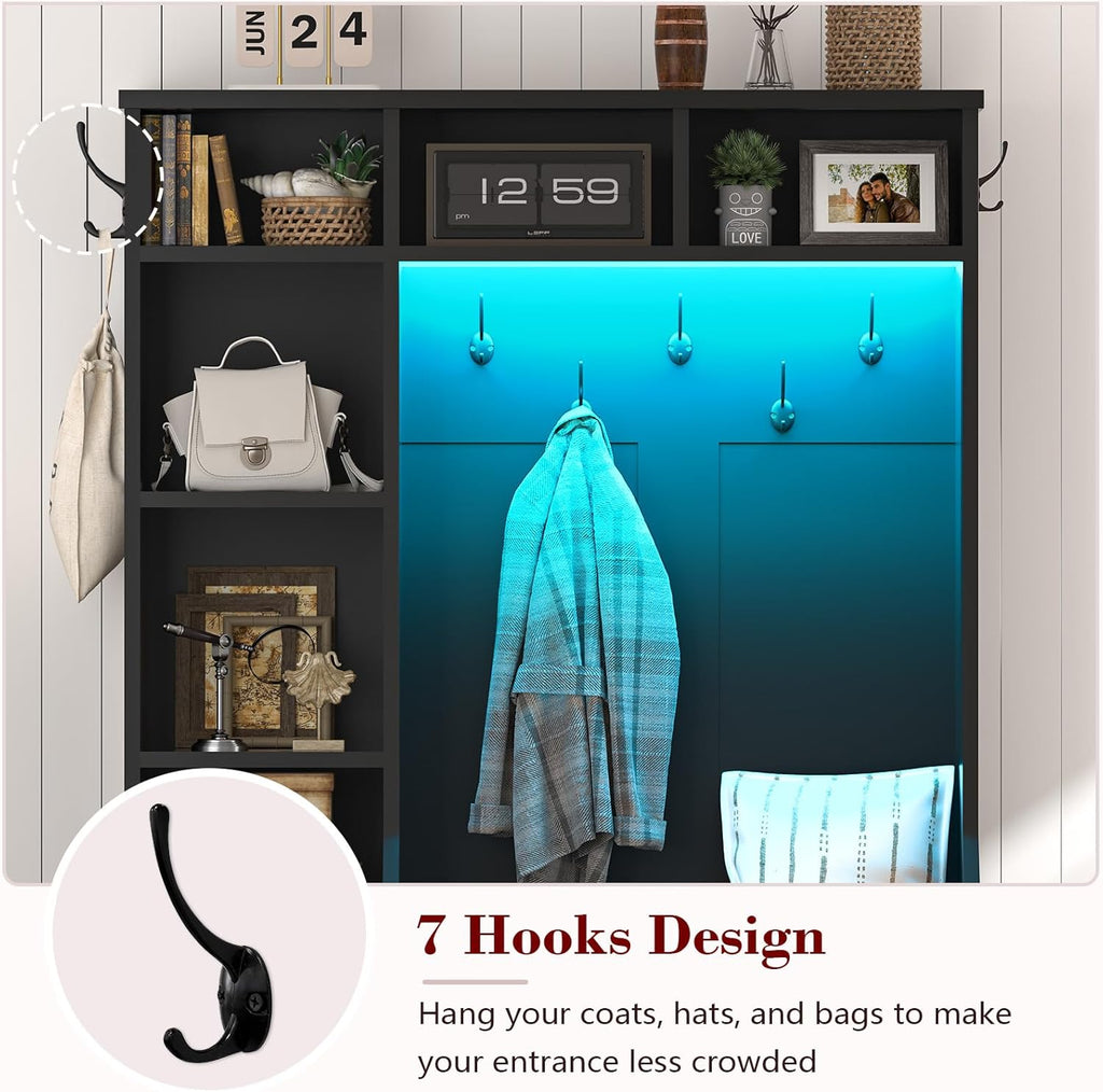 Hall Tree with Bench and Shoe Storage, Farmhouse Entryway Bench with Coat Racks and Led Lights, Black Tall Hall Tree