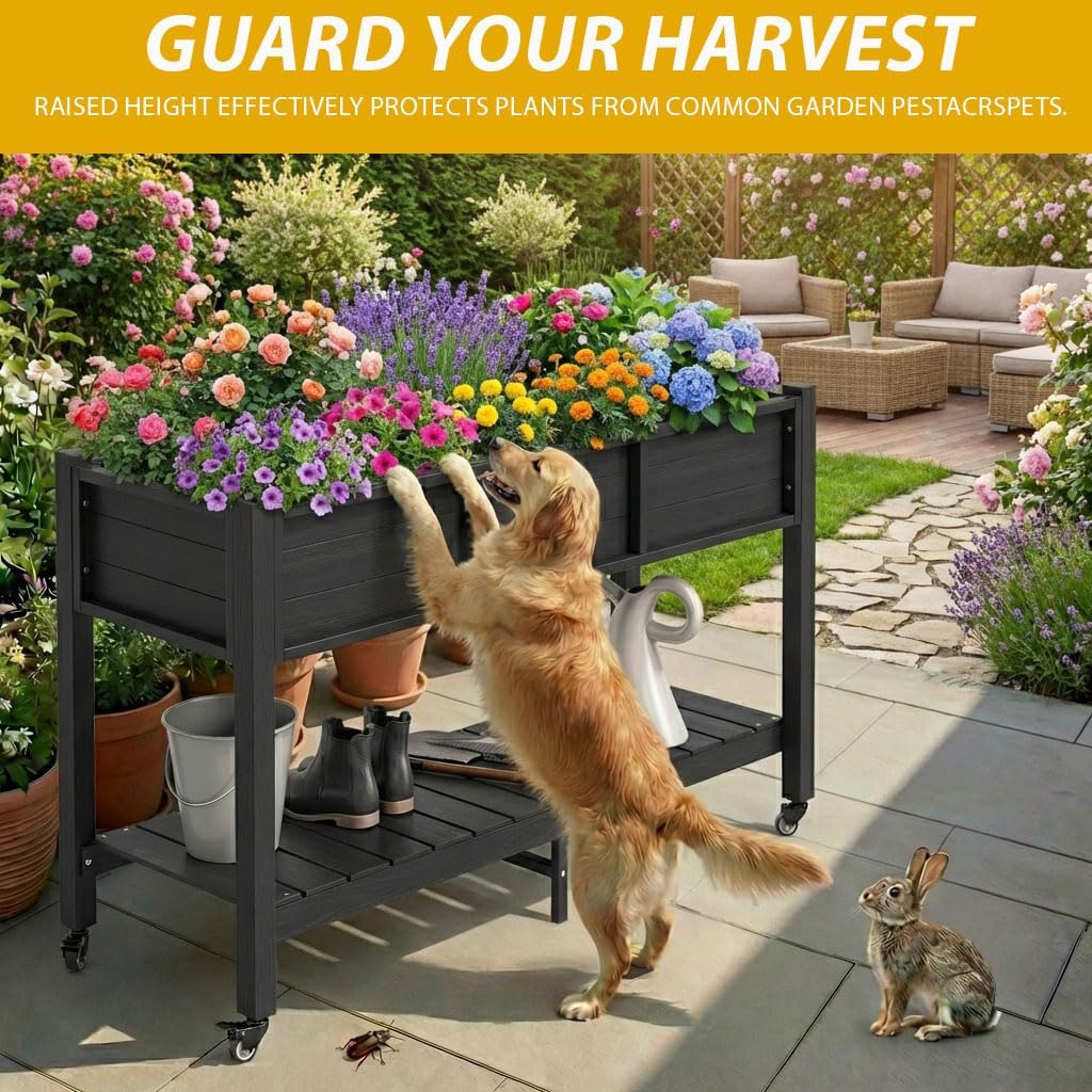 47x18x31in Raised Garden Bed Outdoor HDPE with Legs and Lockable Wheels, Weather-Resistant Poly-Wood Elevated Planter