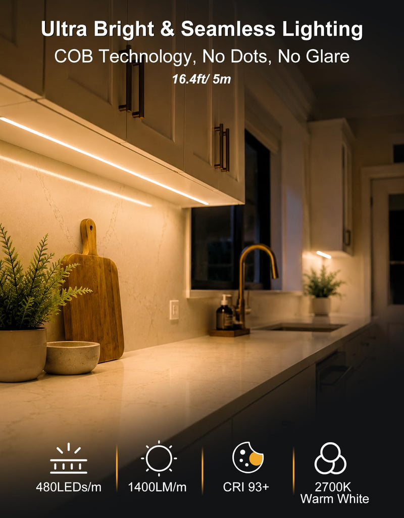 Under Cabinet LED Lighting kit, Plug in 16.4ft COB LED Strip Lights