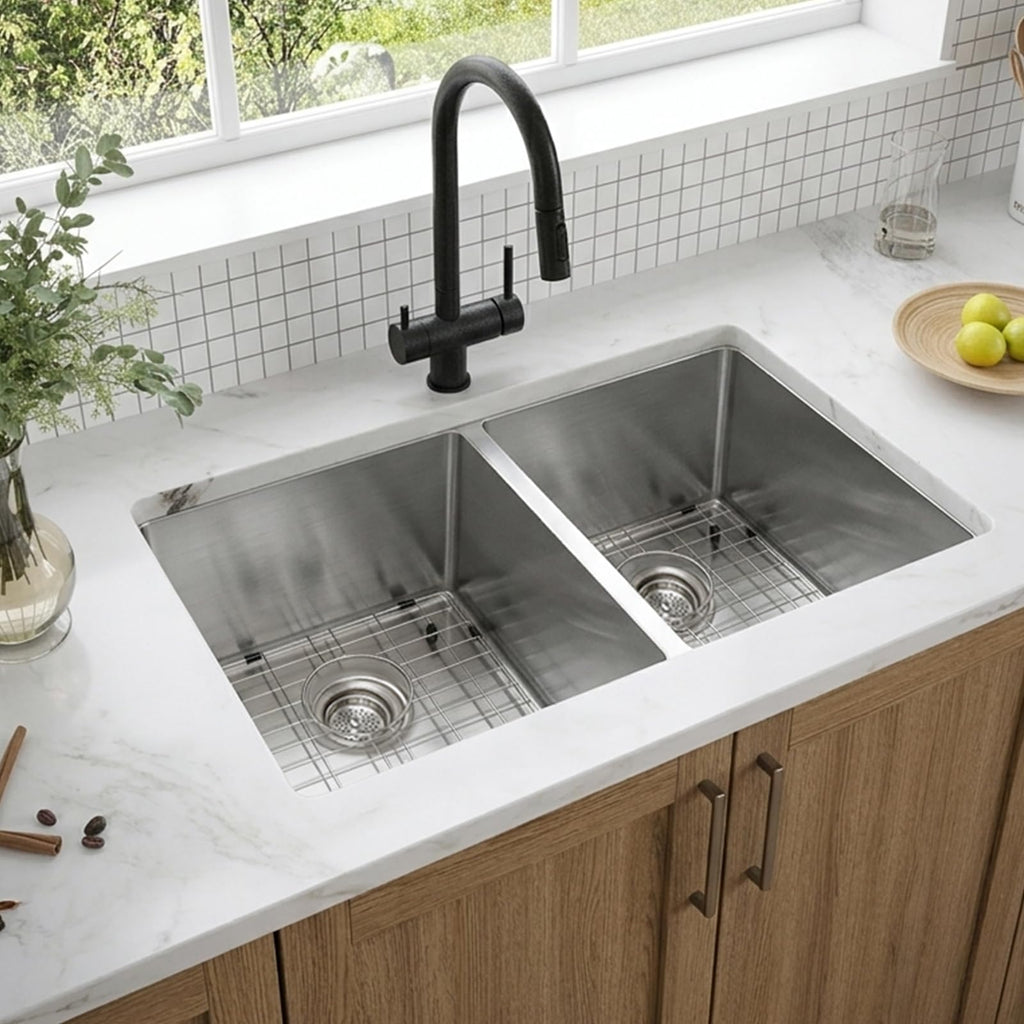 32 Inch Double Bowl Kitchen Sinks with Quick Drain Slope - 11 Gauge (3mm) 304 Stainless Steel Undermount Kitchen Sink