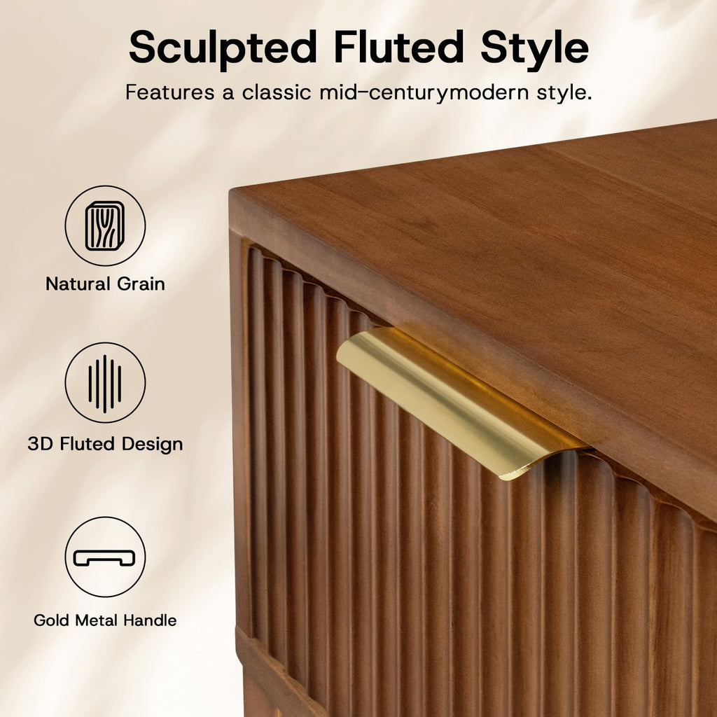 Solid Wood Nightstand with Drawer, Mid-Century Real Wooden Bedside Table with Storage, Modern Fluted End Table Sofa