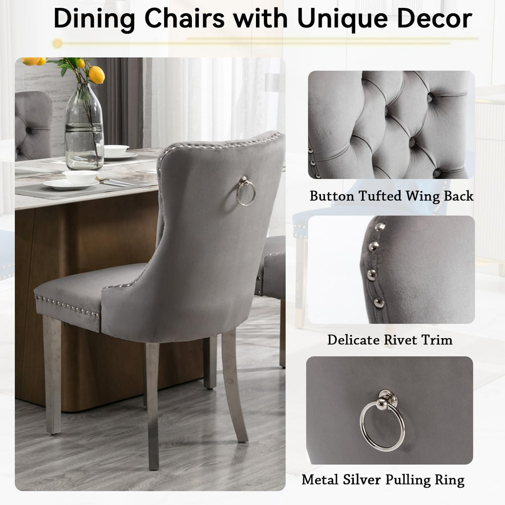5 Piece Silver Dining Table Set for 4, 68.11" White Faux Marble Kitchen Table with 4 Velvet Chairs, Modern Dining Room