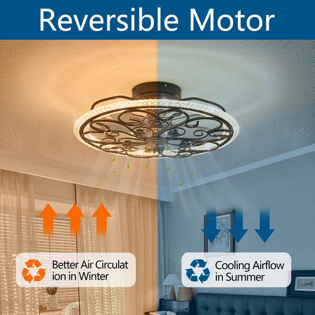 Black Flower Caged Ceiling Fan with Light, Rustic Industrial Ceiling Fan with Lights and Remote, LED Low Profile