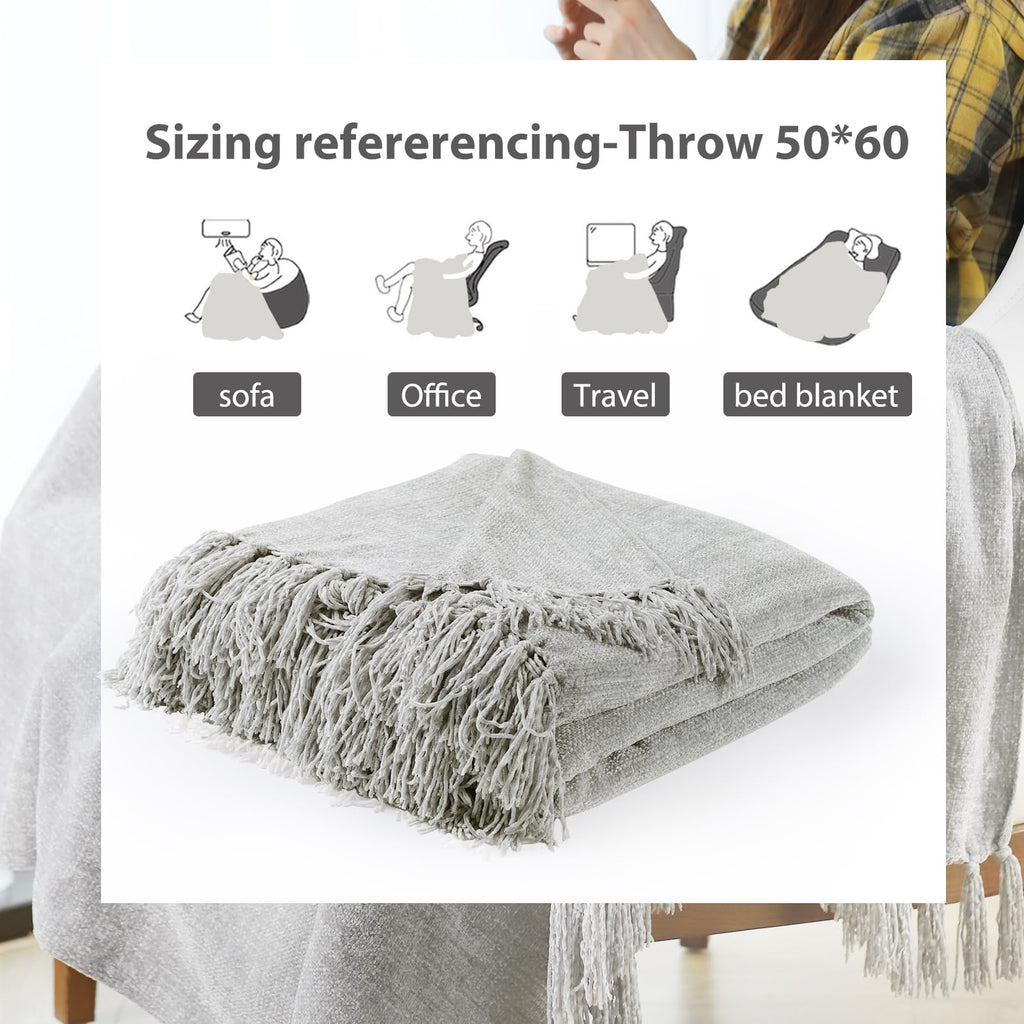 Chenille Throw Blanket for Couch, Lightweight 50x60in Soft Throw Blanket with Fringe Tassel for Sofa Chair Bed