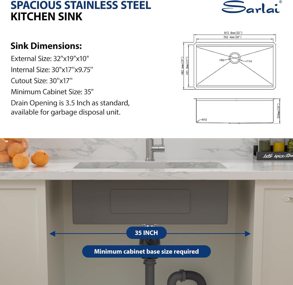 32 Gold Undermount Kitchen Sink 32" x19" Gold Sinks Workstation | 10" Deep 16 Gauge Stainless Steel Single Bowl Round